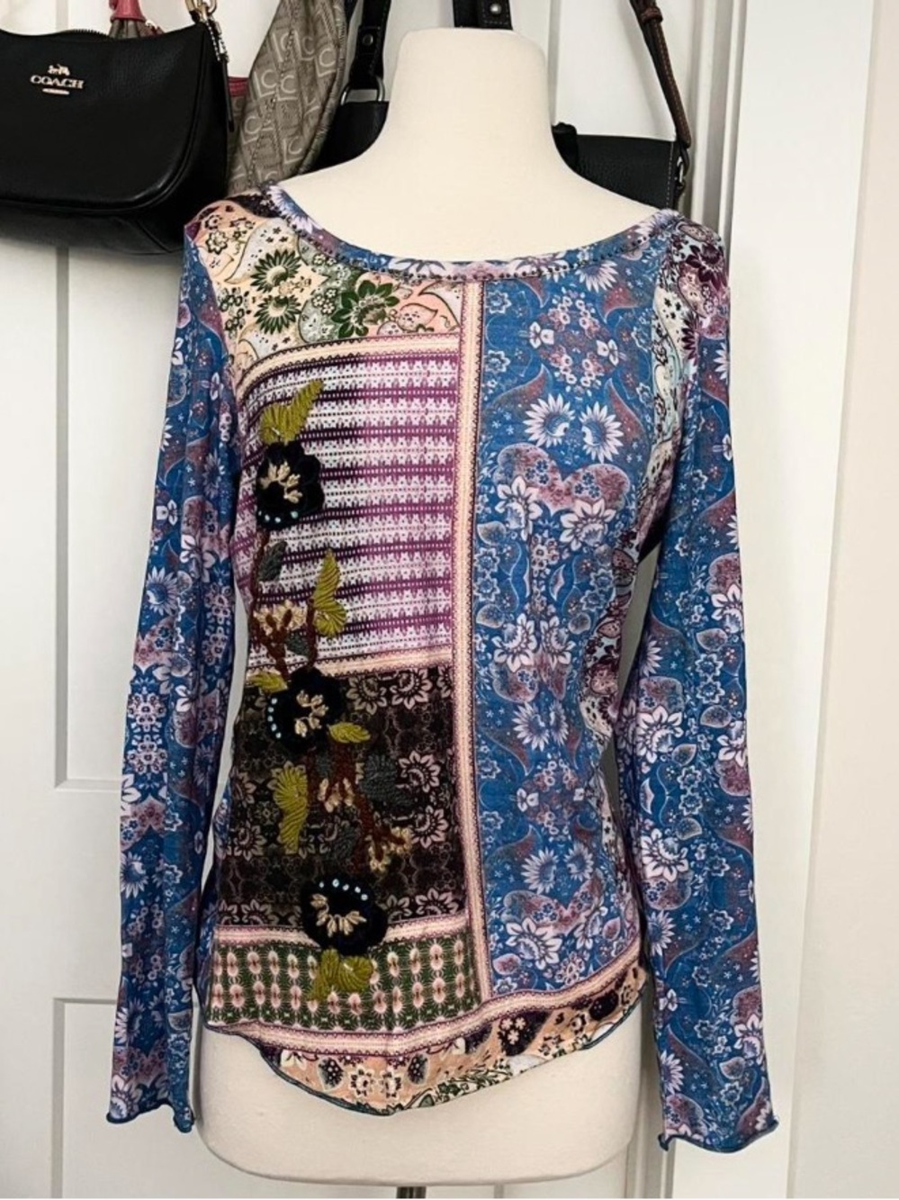 Sundance Blue Multi-Pattern Long Sleeve Top with Pink Accents